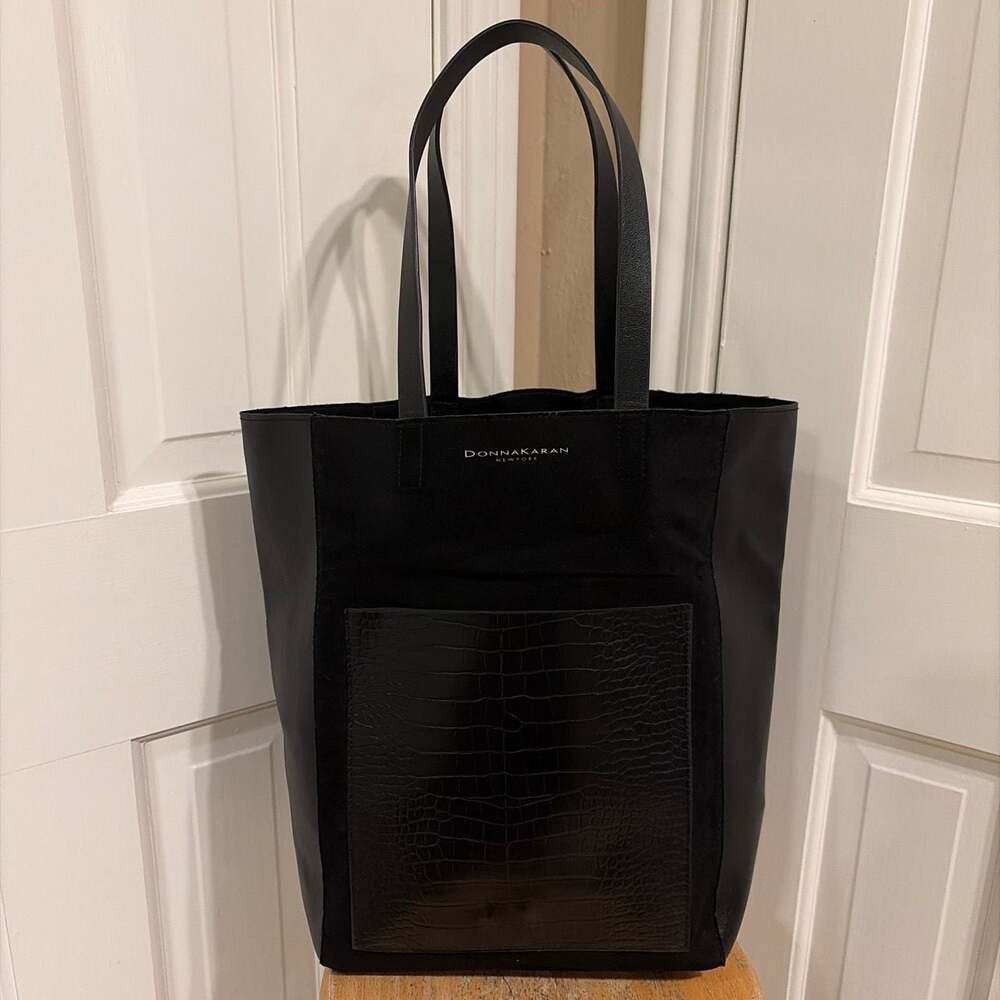 Donna Karan New York Cashmere  Black Suede and Faux Leather Tote Bag